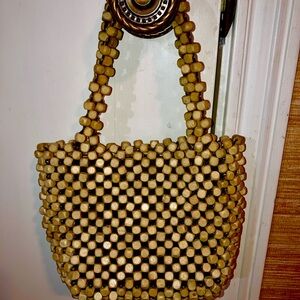 Beaded Small Hand Bag in Natural Beige Wooden Beads